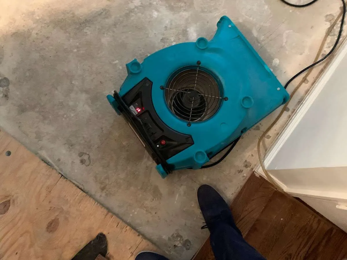 Air mover drying subfloor during Commercial Water Damage Restoration in Sunset